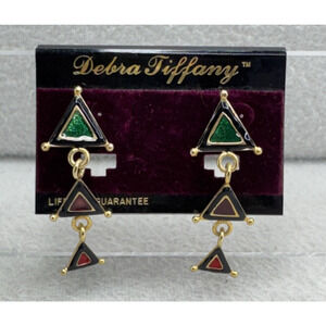 VTG 90s Geometric Triangle Dangle Earrings Gold Tone Enamel Debra Tiffany NOS